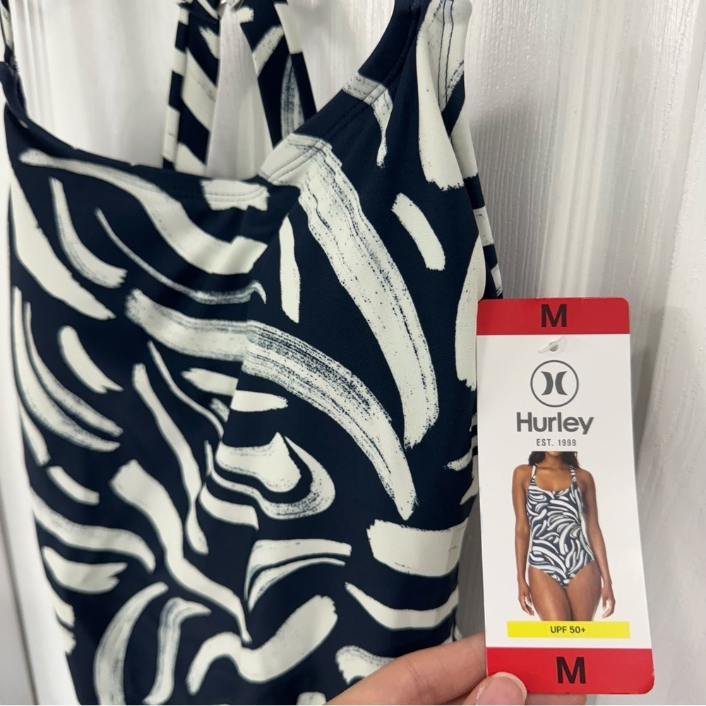 Hurley Navy and White Paint Stripe Print One Piece Swimsuit Brand New Crossback